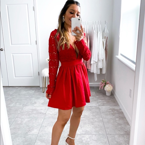 Red Plunge Guipure Lace Long Sleeve Skater Dress - Picture 16 of 16